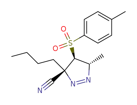 Molecular Structure of 827342-41-6 (3H-Pyrazole-3-carbonitrile,
3-butyl-4,5-dihydro-5-methyl-4-[(4-methylphenyl)sulfonyl]-, (3S,4S,5S)-)