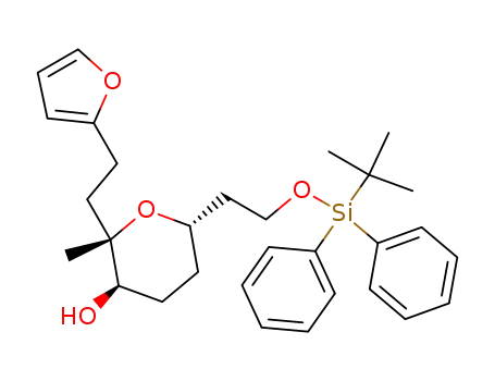 Molecular Structure of 791839-26-4 ((2S,3R,6S)-6-[2-(tert-butyldiphenylsilyloxy)ethyl]-2-[2-(furan-2-yl)ethyl]-2-methyltetrahydro-2H-pyran-3-ol)