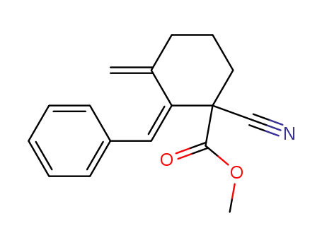 Molecular Structure of 497108-31-3 (Cyclohexanecarboxylic acid,
1-cyano-3-methylene-2-(phenylmethylene)-, methyl ester, (2E)-)