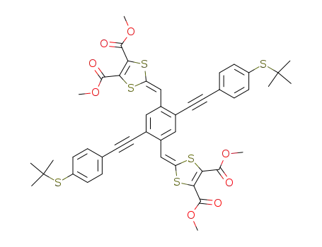 Molecular Structure of 882880-08-2 (1,4-bis(4-(tert-butylthio)phenylethynyl)-2,5-bis[{4,5-bis(methoxycarbonyl)-1,3-dithiol-2-ylidene}methyl]benzene)