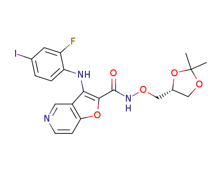 Molecular Structure of 1009335-72-1 (3-(2-fluoro-4-iodo-phenylamino)-furo[3,2-c]pyridine-2-carboxylic acid ((R)-2,2-dimethyl-[1,3]dioxolan-4-ylmethoxy)-amide)
