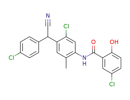 Molecular Structure of 212135-62-1 (5-chloro-N-(5-chloro-4-((4-chlorophenyl)(cyano)methyl)-2-methylphenyl)-2-hydroxybenzamide)