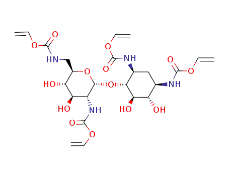 Molecular Structure of 791064-36-3 ({(1R,2S,3R,4R,5S)-4-[(2R,3R,4R,5S,6R)-4,5-Dihydroxy-3-vinyloxycarbonylamino-6-(vinyloxycarbonylamino-methyl)-tetrahydro-pyran-2-yloxy]-2,3-dihydroxy-5-vinyloxycarbonylamino-cyclohexyl}-carbamic acid vinyl ester)