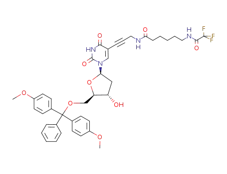 Molecular Structure of 637330-23-5 (5'-O-(4,4'-dimethoxytrityl)-5-(6-(2,2,2-trifluoroacetamido)caproamidoprop-2-ynyl)-2'-deoxyuridine)
