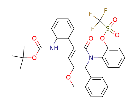 Molecular Structure of 555153-76-9 (trifluoromethanesulfonic acid 2-{benzyl-[2-(2-tert-butoxycarbonylaminophenyl)-4-methoxybut-2-enoyl]amino}phenyl ester)