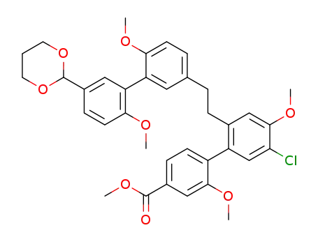 Molecular Structure of 511295-13-9 (5'-chloro-2'-[2-(5'-[1,3]dioxan-2-yl-6,2'-dimethoxy-biphenyl-3-yl)-ethyl]-2,4'-dimethoxy-biphenyl-4-carboxylic acid methyl ester)