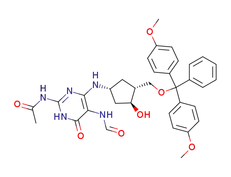 Molecular Structure of 636569-60-3 (N-[4-[((1R,3R,4S)-3-{[(dimethoxytrityl)oxy]methyl}-4-hydroxycyclopentyl)amino]-5-(formylamino)-6-oxo-1,6-dihydro-2-pyrimidinyl]acetamide)