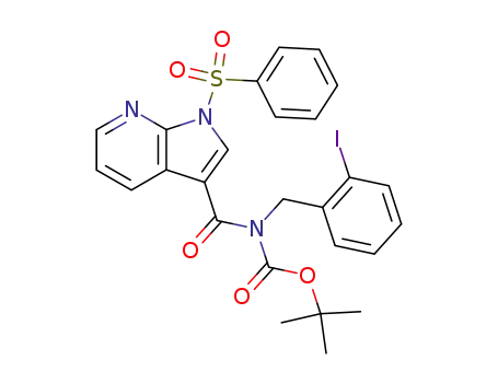 Molecular Structure of 869985-66-0 ((1-benzenesulfonyl-1<i>H</i>-pyrrolo[2,3-<i>b</i>]pyridine-3-carbonyl)-(2-iodo-benzyl)-carbamic acid <i>tert</i>-butyl ester)