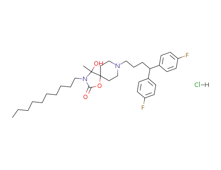 Molecular Structure of 134069-56-0 (8-[4,4-bis(4-fluorophenyl)butyl]-3-decyl-4-hydroxy-4-methyl-1-oxa-3,8-diazaspiro[4.5]decan-2-one hydrochloride)