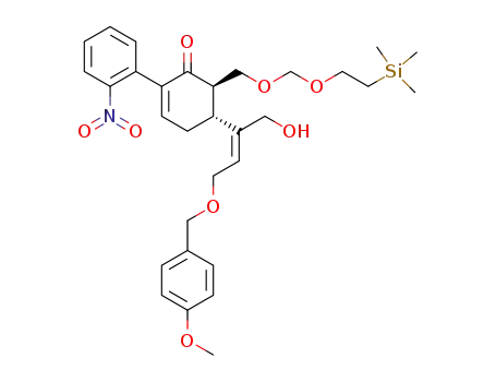 Molecular Structure of 482351-07-5 ((5R,6R)-5-[(1E)-1-(hydroxymethyl)-3-[(4-methoxyphenyl)methoxy]-1-propenyl]-2-(2-nitrophenyl)-6-[[[2-(trimethylsilyl)ethoxy]methoxy]methyl]-2-cyclohexen-1-one)