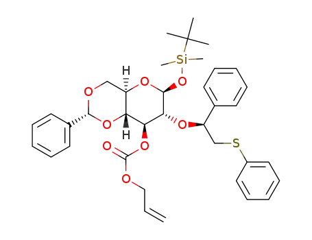 Molecular Structure of 1240299-14-2 (t-butyldimethylsilyl 3-O-allyloxycarbonyl-4,6-O-benzylidene-2-O-{(1S)-phenyl-2-phenylsulfanyl-ethyl}-β-D-glucopyranoside)