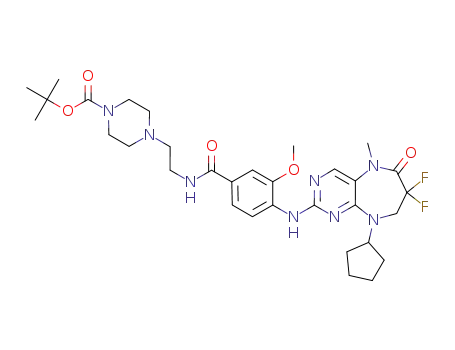 Molecular Structure of 1201693-66-4 (4-{2-[4-(9-cyclopentyl-7,7-difluoro-5-methyl-6-oxo-6,7,8,9-tetrahydro-5H-pyrimido[4,5-b][1,4]diazepin-2-ylamino)-3-methoxy-benzoylamino]-ethyl}-piperazine-1-carboxylic acid tert-butyl ester)