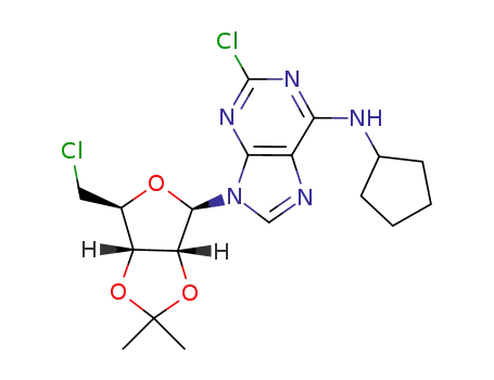 Molecular Structure of 1141934-35-1 (2-chloro-N6-cyclopentyl-9H-(2,3-O-isopropylidene-5-chloro-5-deoxy-β-D-ribofuranosyl)adenine)