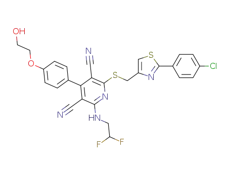 Molecular Structure of 1239235-02-9 (2-({(2-(4-chlorophenyl)-1,3-thiazol-4-yl)methyl}sulfanyl)-6-((2,2-difluoroethyl)amino)-4-(4-(2-hydroxyethoxy)phenyl)pyridine-3,5-dicarbonitrile)