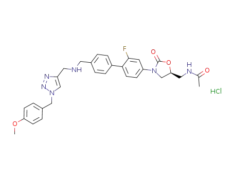Molecular Structure of 916888-21-6 ((5S)-N-{3-[2-fluoro-4'-({[1-(4-methoxybenzyl)-1H-[1,2,3]triazol-4-ylmethyl]amino}methyl)biphenyl-4-yl]-2-oxo-oxazolidin-5-ylmethyl}acetamide hydrochloride)
