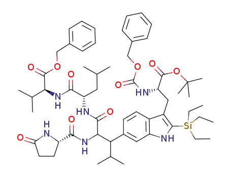 Molecular Structure of 1189587-54-9 ((S)-benzyl 2-((S)-2-(2-amino-3-(3-((S)-2-(benzyloxycarbonylamino)-3-tert-butoxy-3-oxopropyl)-2-(triethylsilyl)-1H-indol-6-yl)-4-methyl-2-((S)-5-oxopyrrolilidine-2-carboxamido)pentanamido)-4-methylpentanamido)-3-methylbutanoate)