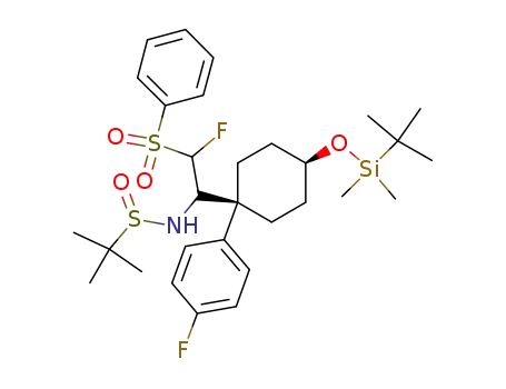 Molecular Structure of 1202176-63-3 (cis-2-methyl-propane-2-sulfinic acid {2-benzenesulfonyl-1-[4-(tert-butyl-dimethyl-silanyloxy)-1-(4-fluoro-phenyl)-cyclohexyl]-2-fluoro-ethyl}-amide)