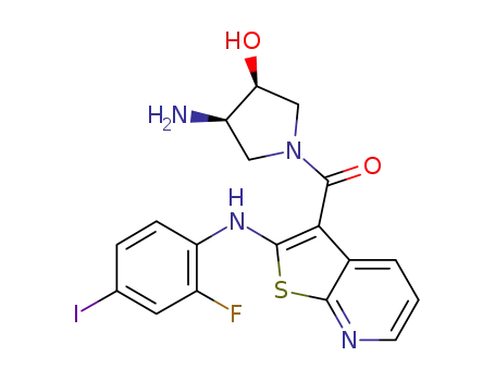 Molecular Structure of 1202067-39-7 ([(3R,4S)-3-amino-4-hydroxypyrrolidin-1-yl]-[2-(2-fluoro-4-iodophenylamino)thieno[2,3-b]pyridin-3-yl]-methanone)