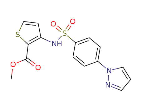 Molecular Structure of 1111301-33-7 (Methyl 3-[4-(1H-pyrazol-1-yl)phenylsulfonamido]thiophene-2-carboxylate)