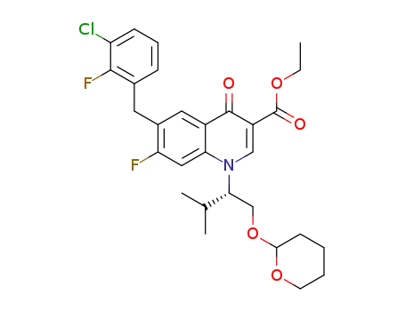 Molecular Structure of 1261283-91-3 (6-(3-chloro-2-fluorobenzyl)-7-fluoro-1-[2-methyl-1-(tetrahydropyran-2-yloxymethyl)prop-1-yl]-4-oxo-1,4-dihydroquinoline-3-carboxylic acid ethyl ester)