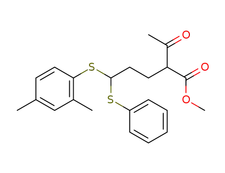 Molecular Structure of 1266617-56-4 (methyl 2-acetyl-5-((2,4-dimethylphenyl)thio)-5-(phenylthio)pentanoate)