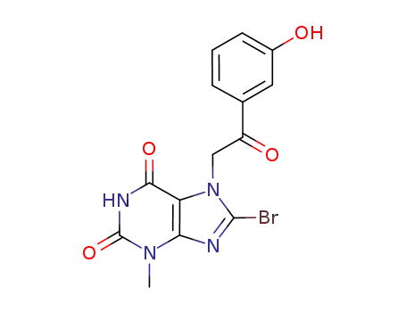 Molecular Structure of 1192215-80-7 (8-bromo-3,7-dihydro-7-[2-(3-hydroxyphenyl)-2-oxoethyl]-3-methyl-1H-purine-2,6-dione)
