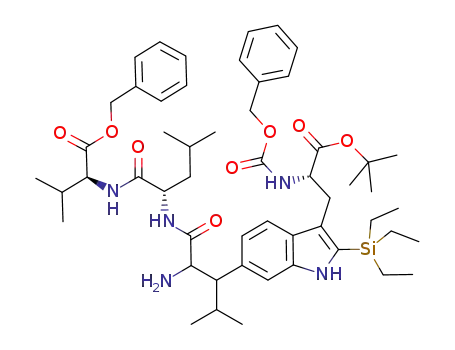 Molecular Structure of 1189587-53-8 ((S)-benzyl 2-((S)-2-(2-amino-3-(3-((S)-2-(benzyloxycarbonylamino)-3-tert-butoxy-3-oxopropyl)-2-(triethylsilyl)-1H-indol-6-yl)-4-methylpentanamido)-4-methylpentanamido)-3-methylbutanoate)