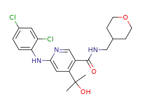 Molecular Structure of 863894-23-9 (6-(2,4-dichloro-phenylamino)-4-(1-hydroxy-methyl-ethyl)-N-(tetrahydropyran-4-ylmethyl)-nicotinamide)