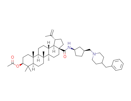 Molecular Structure of 1261253-05-7 ((1R,3aS,5aR,5bR,7aR,9S,11aR,11bR,13aR,13bR)-3a-((1R,3S)-3-((4-benzylpiperidin-1-yl)methyl)cyclopentylcarbamoyl)-5a,5b,8,8,11a-pentamethyl-1-(prop-1-en-2-yl)icosahydro-1H-cyclopenta[a]chrysen-9-yl acetate)