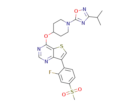 Molecular Structure of 1384951-03-4 (7-(2-fluoro-4-methanesulfonylphenyl)-4-[1-(3-isopropyl[1,2,4]oxadiazol-5-yl)piperidin-4-yloxy]thieno[3,2-d]pyrimidine)