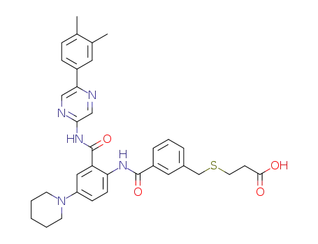 3-(3-((2-((5-(3,4-dimethylphenyl)pyrazin-2-yl)carbamoyl)-4-(piperidin-1-yl)phenyl)carbamoyl)benzylthio)-propanoic acid