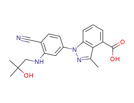 Molecular Structure of 1246306-96-6 (1-[4-cyano-3-(2-hydroxy-2-methylpropylamino)phenyl]-3-methyl-1H-indazole-4-carboxylic acid)