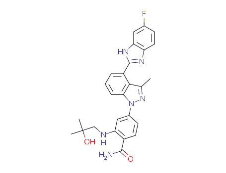 Molecular Structure of 1246306-94-4 (4-[4-(6-fluoro-1H-benzimidazol-2-yl)-3-methylindazol-1-yl]-2-(2-hydroxy-2-methyl-propylamino)benzamide)