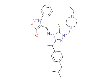 Molecular Structure of 1394248-99-7 (1-N-ethyl-piperazinomethyl-3-[1-(4-isobutylphenyl)ethyl]-4-(3-phenyl-4-sydnonylidene)amino-1,2,4-triazol-5-thione)