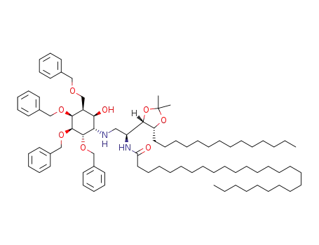 Molecular Structure of 1319731-41-3 (N-((S)-1-((4S,5R)-2,2-dimethyl-5-tetradecyl-1,3-dioxolan-4-yl)-2-((1S,2S,3S,4S,5S,6R)-2,3,4-tris(benzyloxy)-5-(benzyloxymethyl)-6-hydroxycyclohexylamino)ethyl)cerotamide)