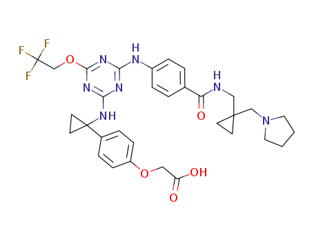 Molecular Structure of 1360828-68-7 (2-(4-(1-(4-(4-(((1-(pyrrolidin-1-ylmethyl)cyclopropyl)methyl)carbamoyl)phenylamino)-6-(2,2,2-trifluoroethoxy)-1,3,5-triazin-2-ylamino)cyclopropyl)phenoxy)acetic acid)