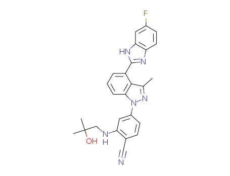 Molecular Structure of 1246306-98-8 (4-[4-(6-fluoro-1H-benzimidazol-2-yl)-3-methylindazol-1-yl]-2-(2-hydroxy-2-methylpropylamino)benzonitrile)
