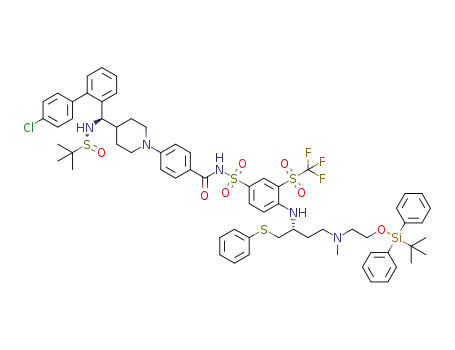 Molecular Structure of 1357576-69-2 (N-(4-((R)-4-((2-(tert-butyldiphenylsilyloxy)ethyl)(methyl)amino)-1-(phenylthio)butan-2-ylamino)-3-(trifluoromethyl sulfonyl)phenylsulfonyl)-4-(4-((R)-(4'-chlorobiphenyl-2-yl)((S)-1,1-dimethylethylsulfinamido)methyl)piperidin-1-yl)benzamide)