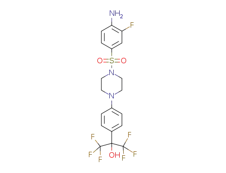 Molecular Structure of 1361219-60-4 (2-(4-(4-((4-amino-3-fluorophenyl)sulfonyl)-1-piperazinyl)phenyl)-1,1,1,3,3,3-hexafluoro-2-propanol)