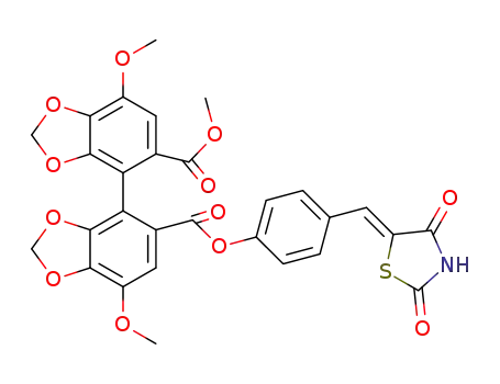 Molecular Structure of 1350363-37-9 ((Z)-5-(4-((2,4-dioxothiazolidin-5-ylidene)methyl)phenyl) 5'-methyl 7,7'-dimethoxy-4,4'-bibenzo[d][1,3]dioxole-5,5'-dicarboxylate)