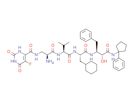 Molecular Structure of 1333494-88-4 (N-((S)-2-amino-3-((S)-1-((S)-3-cyclohexyl-1-((2S,3R)-3-hydroxy-4-oxo-1-phenyl-4-(1-phenylcyclopentylamino)butan-2-ylamino)-1-oxopropan-2-ylamino)-3-methyl-1-oxobutan-2-ylamino)-3-oxopropyl)-5-fluoro-2,6-dioxo-1,2,3,6-tetrahydropyrimidine-4-carboxamide)