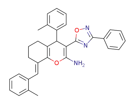 Molecular Structure of 1313510-87-0 (4-(2-methylphenyl)-8-[(E)-(2-methylphenyl)-methylidene]-3-(3-phenyl-1,2,4-oxadiazol-5-yl)-5,6,7,8-tetrahydro-4H-chromen-2-ylamine)