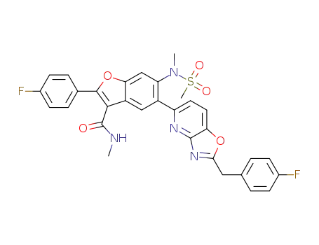 Molecular Structure of 1426845-03-5 (5-(2-(4-fluorobenzyl)oxazolo[4,5-b]pyridin-5-yl)-2-(4-fluorophenyl)-N-methyl-6-(N-methylmethylsulfonamido)benzofuran-3-carboxamide)