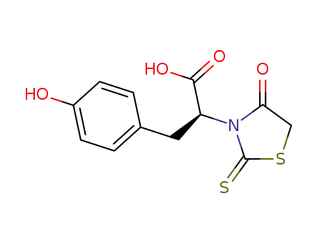 Molecular Structure of 1388204-64-5 ((S)-3-(4-hydroxyphenyl)-2-(4-oxo-2-thioxothiazolidin-3-yl)propanoic acid)