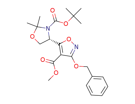 Molecular Structure of 1410804-99-7 ((S)-methyl 3-(benzyloxy)-5-(3-(tert-butoxycarbonyl)-2,2-dimethyloxazolidin-4-yl)isoxazole-4-carboxylate)