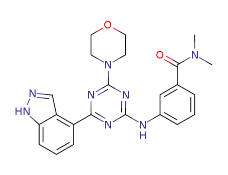 Molecular Structure of 1391925-55-5 (3-((4-(1H-indazol-4-yl)-6-morpholino-1,3,5-triazin-2-yl)amino)-N,N-dimethylbenzamide)