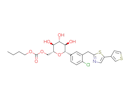 Molecular Structure of 1352714-53-4 (butyl ((2R,3S,4R,5R,6S)-6-(4-chloro-3-((5-(thiophen-3-yl)thiazol-2-yl)methyl)phenyl)-3,4,5-trihydroxy-tetrahydro-2H-pyran-2-yl)methyl carbonate)