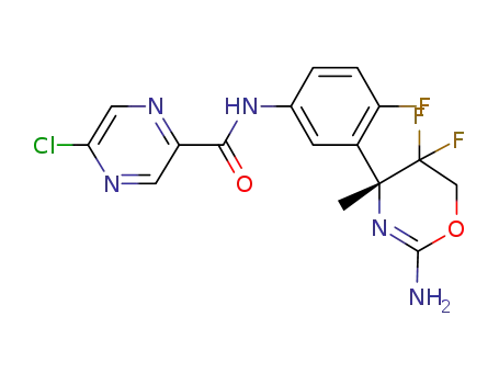 Molecular Structure of 1310348-31-2 (5-chloro-pyrazine-2-carboxylic acid [3-((R)-2-amino-5,5-difluoro-4-methyl-5,6-dihydro-4H-[1,3]oxazin-4-yl)-4-fluoro-phenyl]-amide)