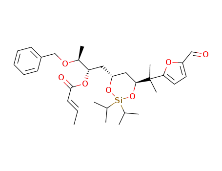 Molecular Structure of 1352481-43-6 ((E)-((2S,3S)-3-(benzyloxy)-1-((4R,6S)-6-(2-(5-formylfuran-2-yl)propan-2-yl)-2,2-diisopropyl-1,3,2-dioxasilinan-4-yl)butan-2-yl) but-2-enoate)