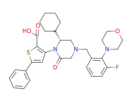 Molecular Structure of 1356456-03-5 (3-[(R)-2-cyclohexyl-4-(3-fluoro-2-morpholin-4-ylbenzyl)-6-oxopiperazin-1-yl]-5-phenylthiophene-2-carboxylic acid)